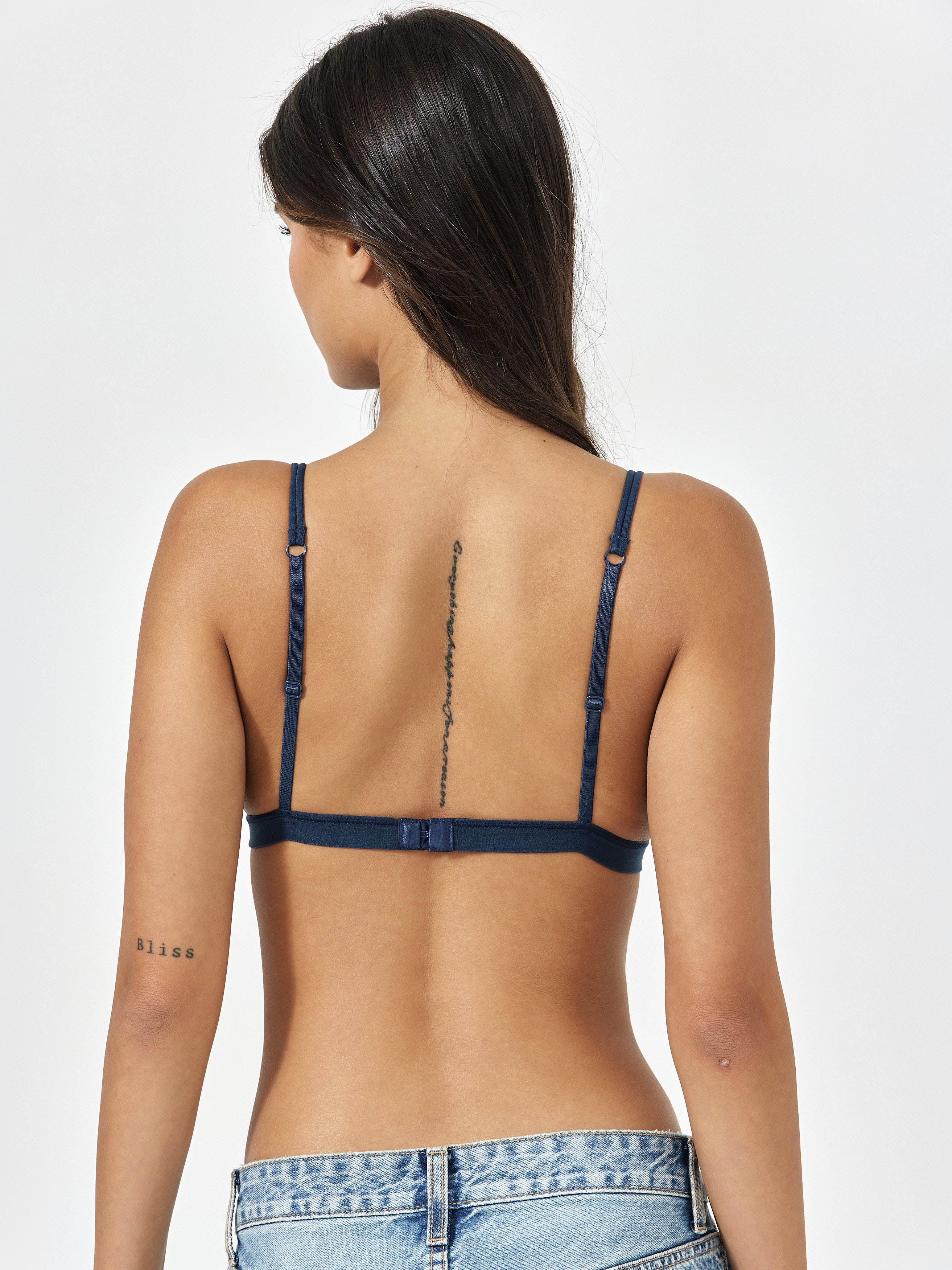 Side View Of Navy Bralette With Adjustable Straps