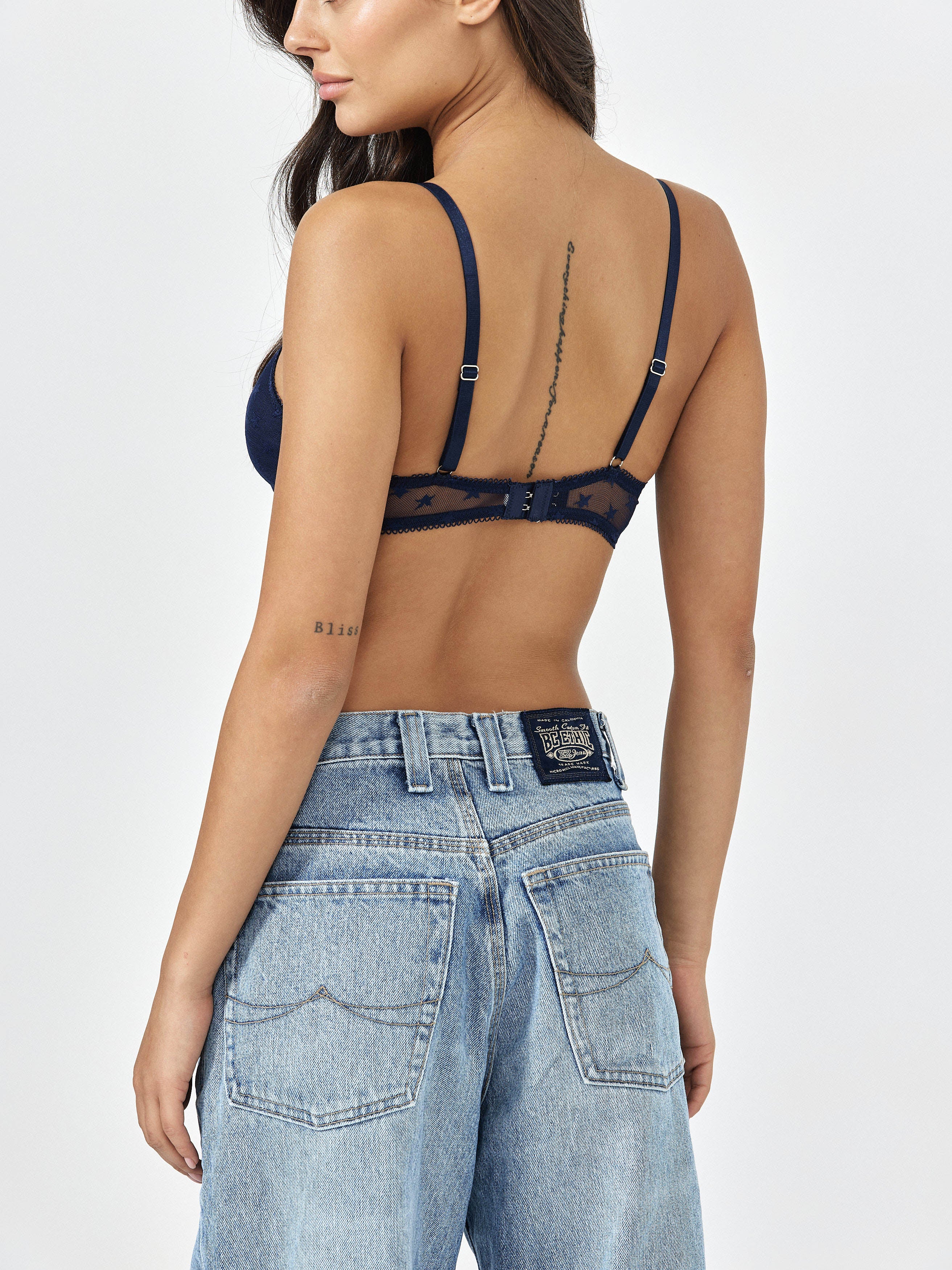 Side View Of Navy Bralette With Adjustable Straps