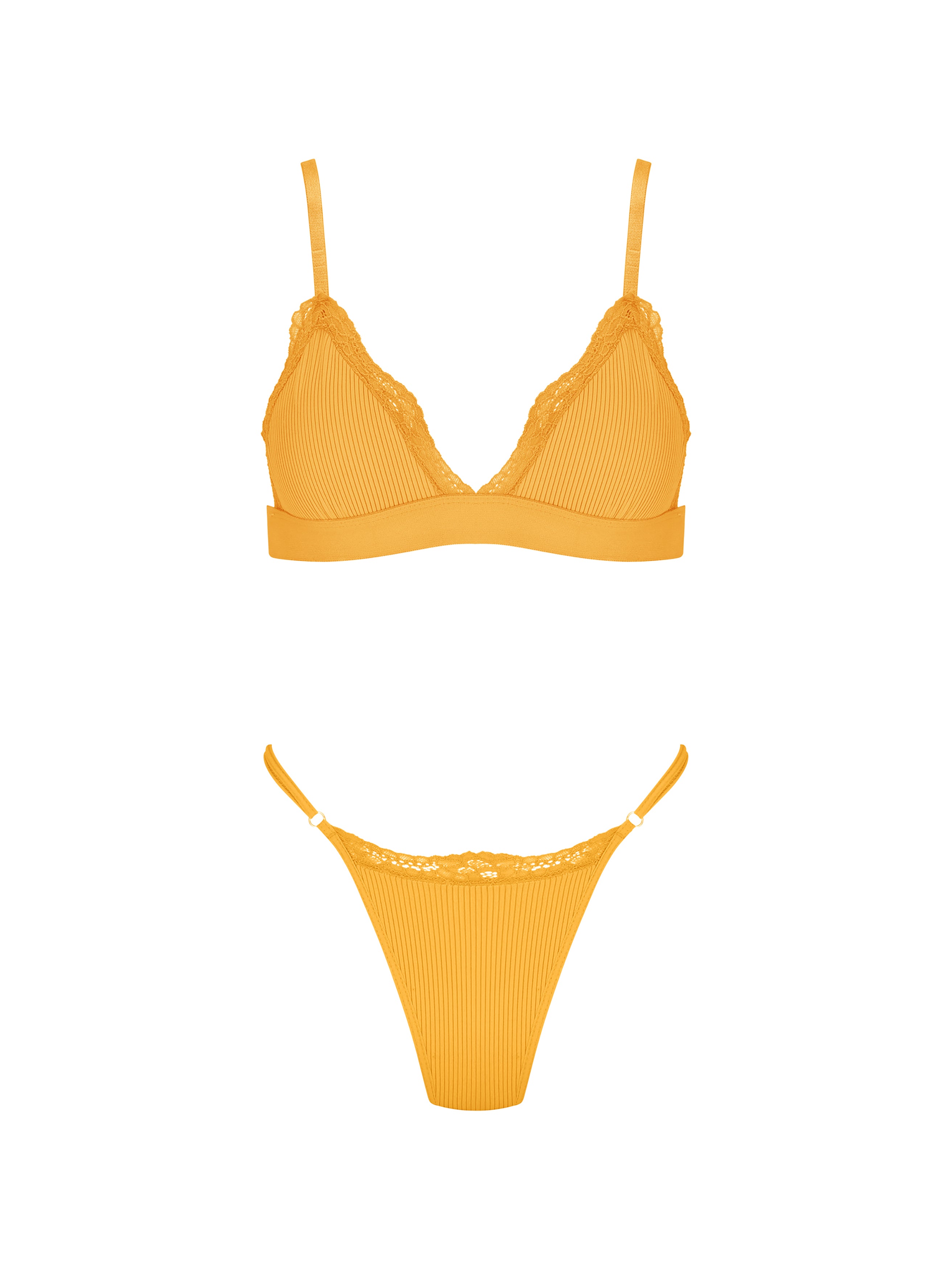 Mustard Bralette Set With Lace Detailing