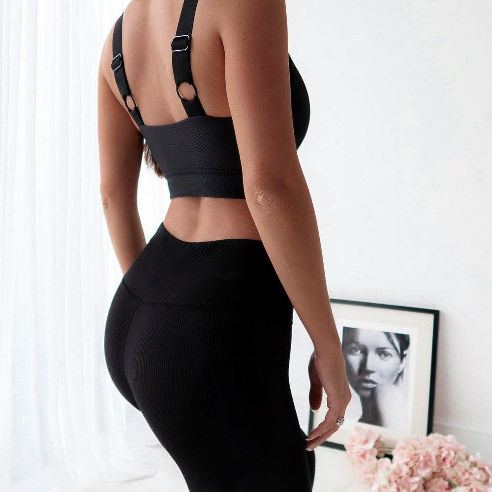 Seamless Ribbed Sports Bra- Black-