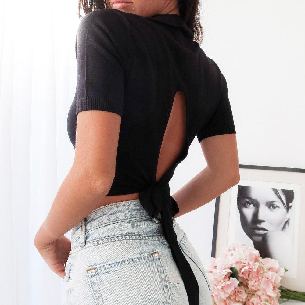 louren ローレンback tie stand collar tops Back Tie Sweater Top - Black V-Neck Crop Top – Love Loren